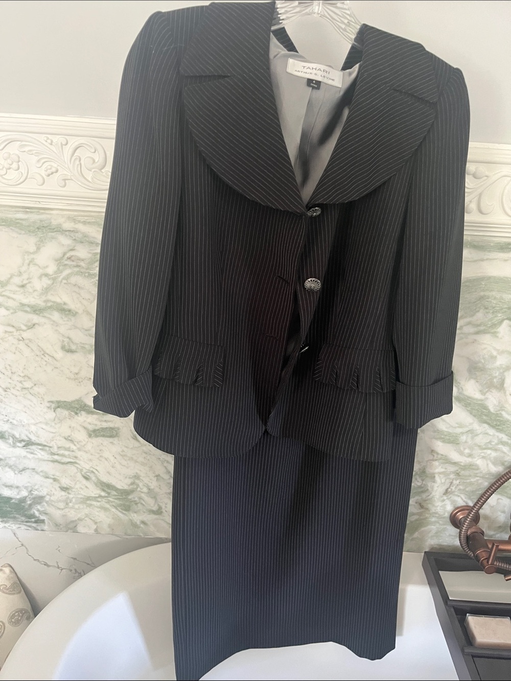 Tahari Black and White Pinstripe Two-Piece Blazer & Skirt Set